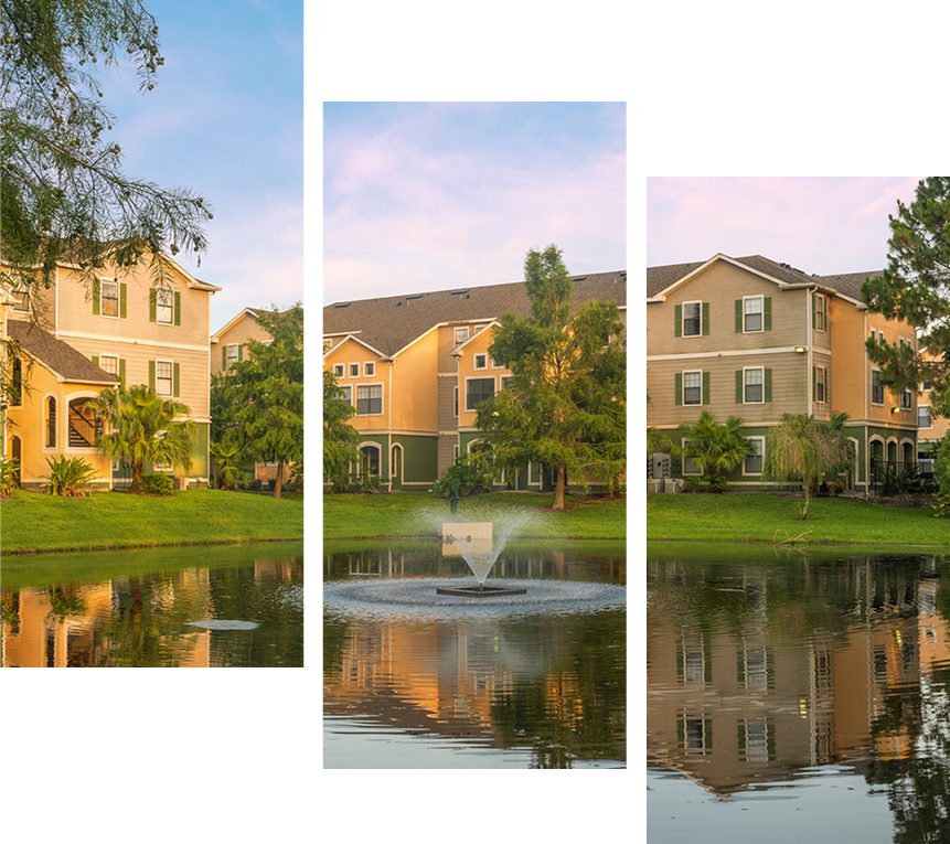 building exteriors and pond fountain